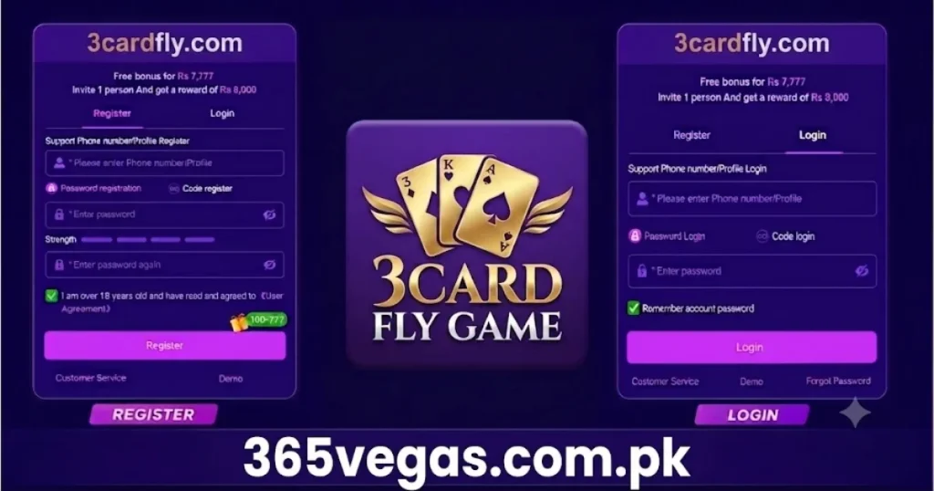 3 Card Fly Register and Login